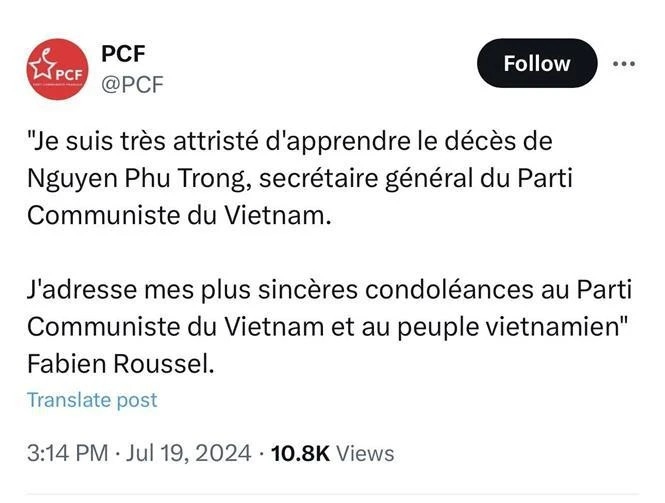 Communist, left-wing political leaders hail Vietnamese Party chief’s devotion